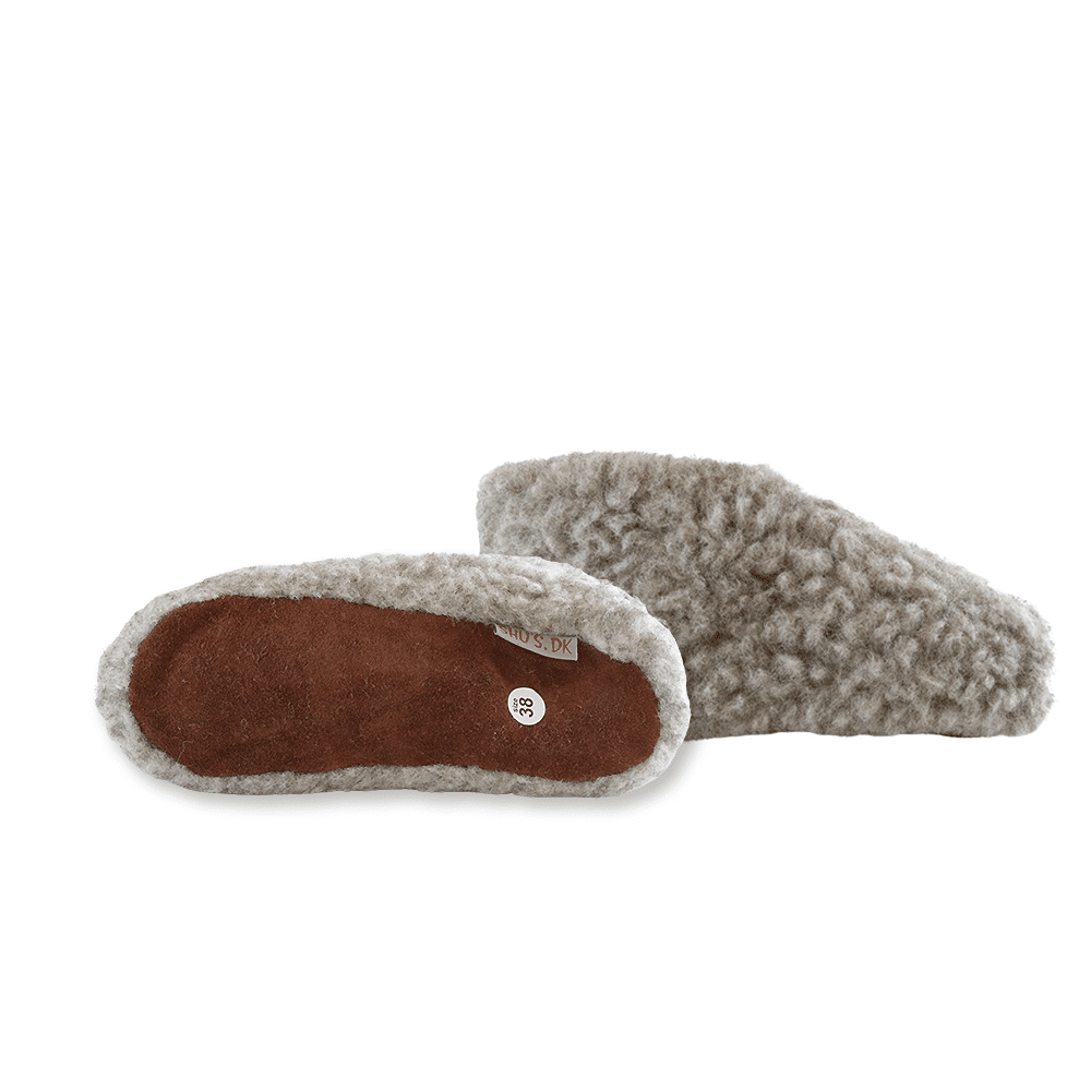 Flauschige Wollhausschuhe (100% reine Wolle) - Modell Grau mit Sohle aus Leder