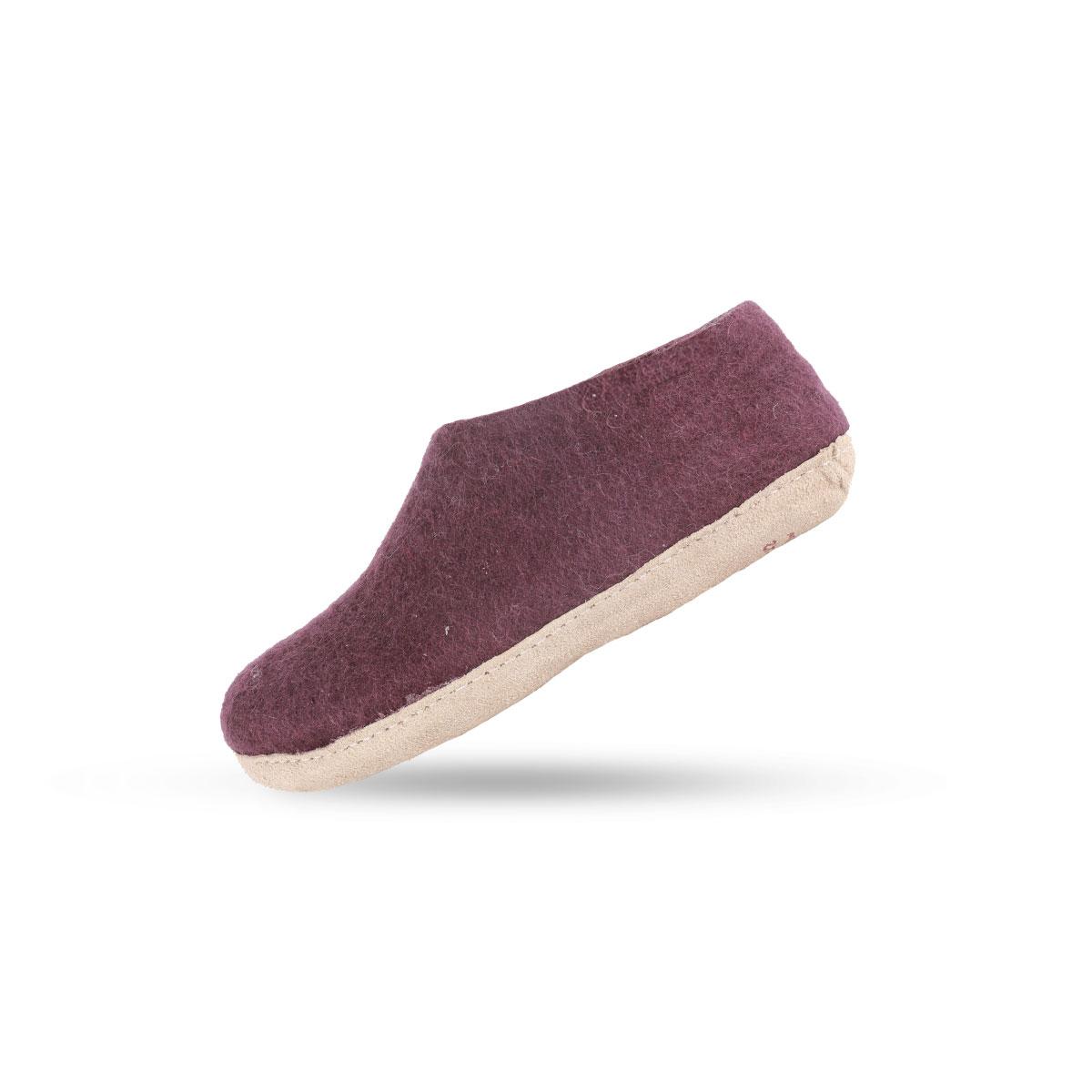 Wollhausschuhe (100% reine Wolle) - Modell Lila mit Sohle aus Leder