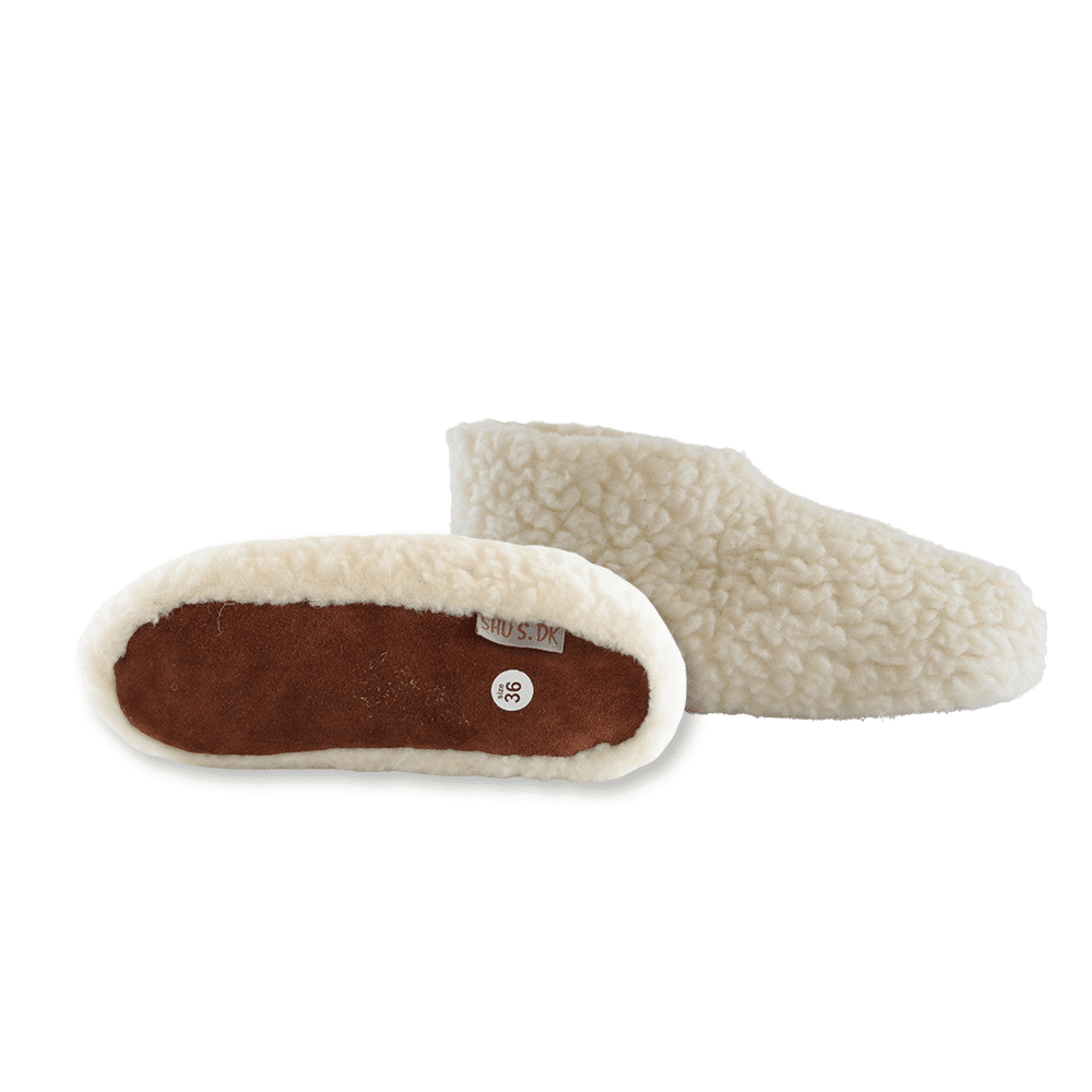 Flauschige Wollhausschuhe (100% reine Wolle) - Modell Weiss mit Sohle aus Leder