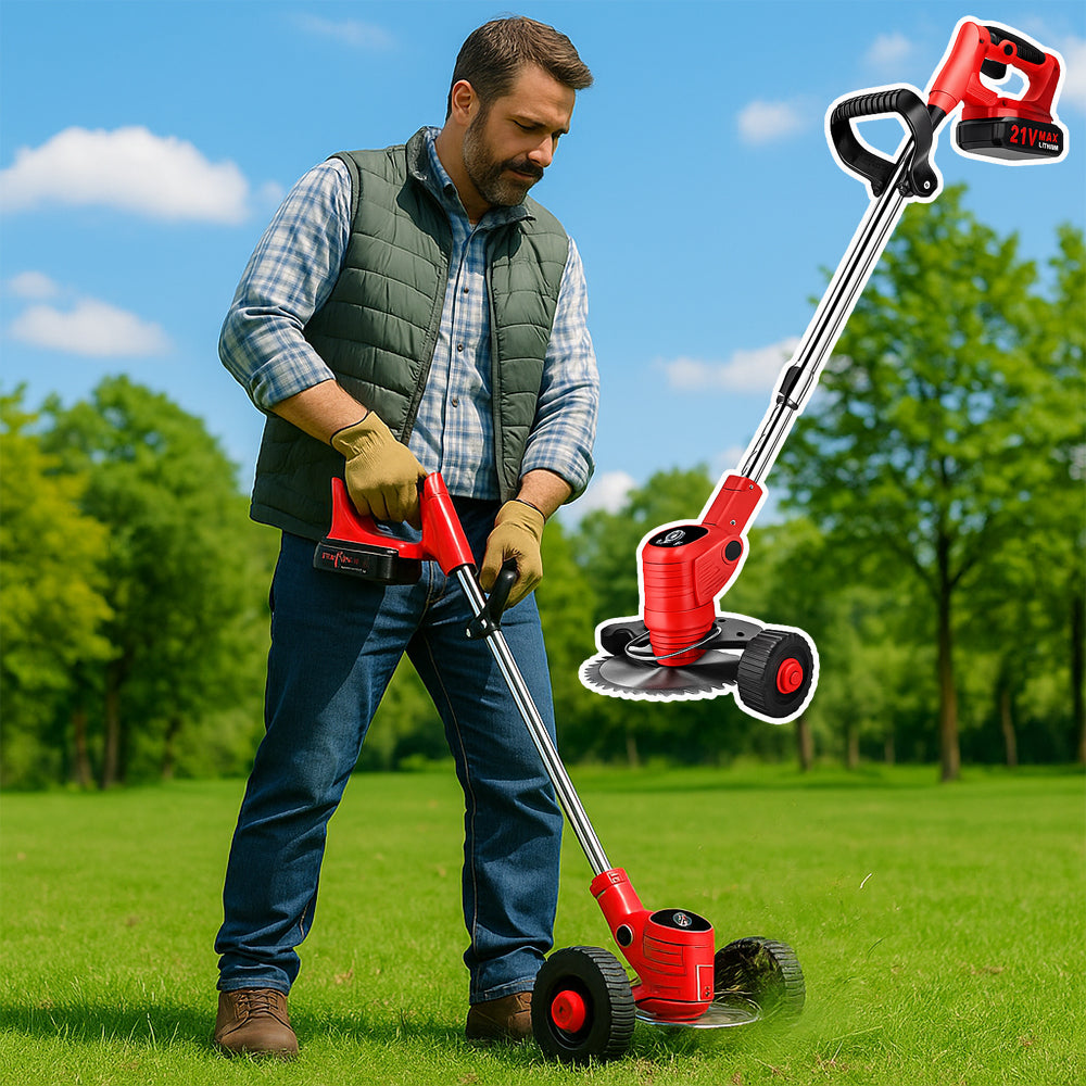 Rasentrimmer und Kantenschneider mit Rädern mit Teleskopstiel und Akku