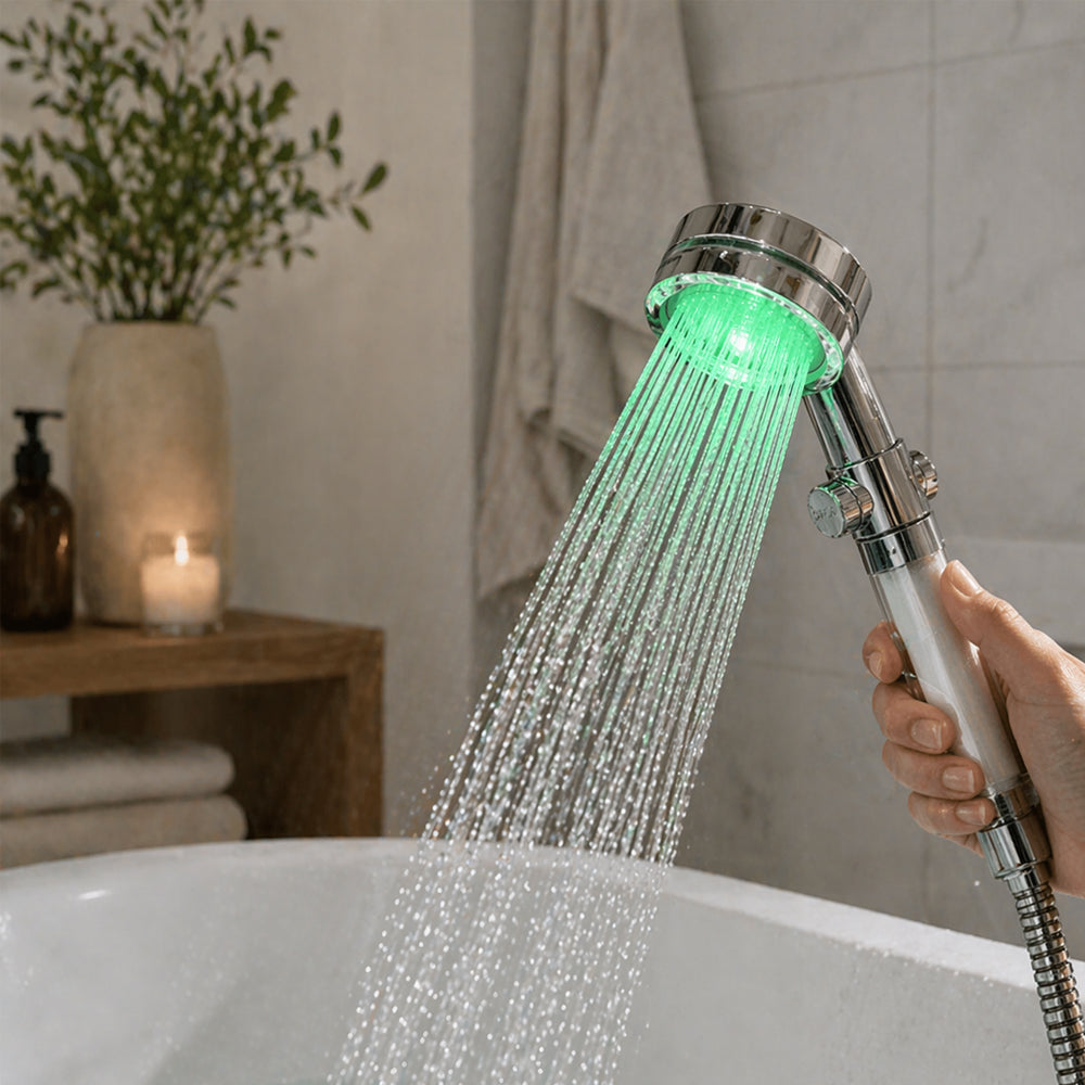 Wassersparender Duschkopf mit Temperaturanzeige und buntem LED-Licht