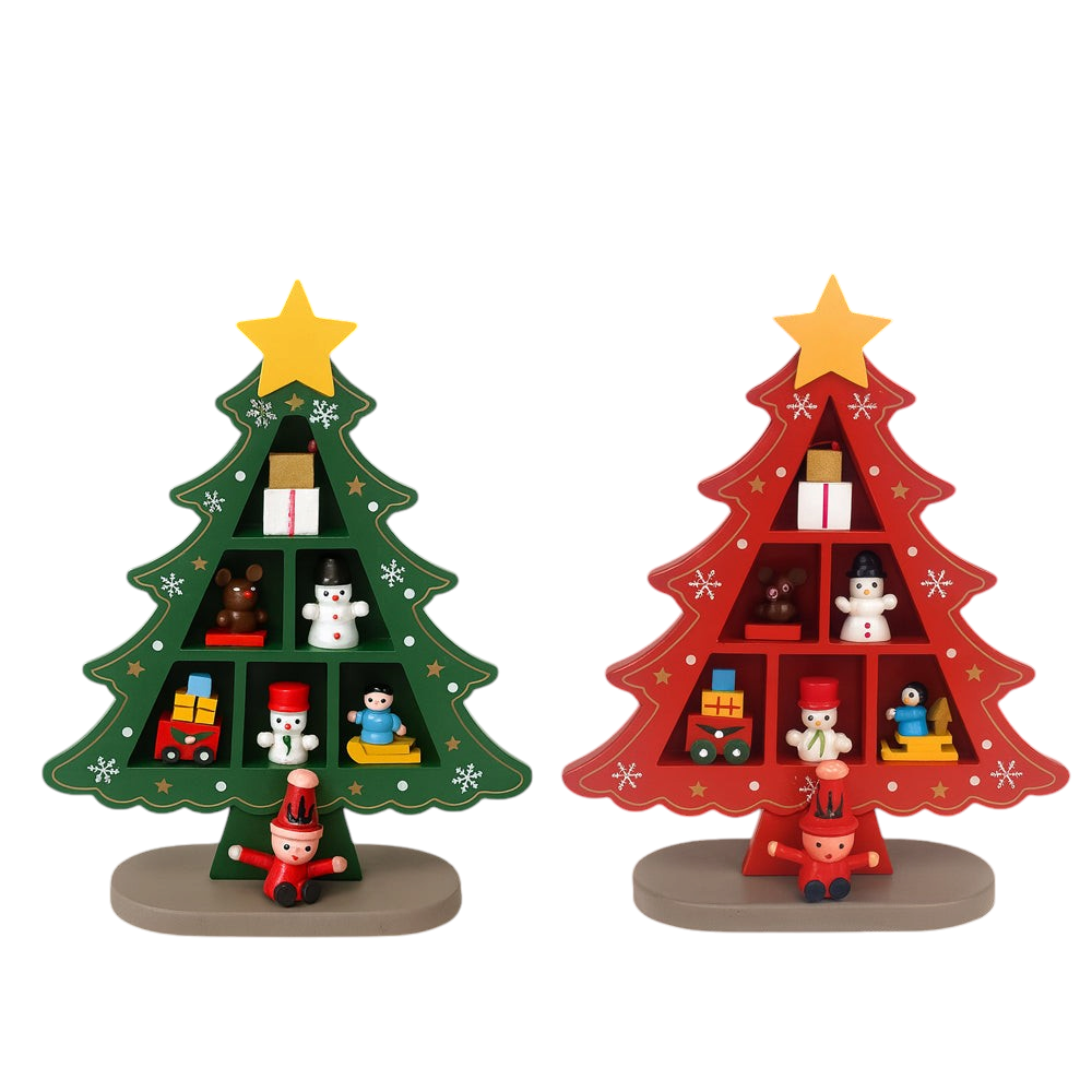 Weihnachtsbäume aus Holz – jeweils mit 7 handbemalten Figuren, rot oder grün