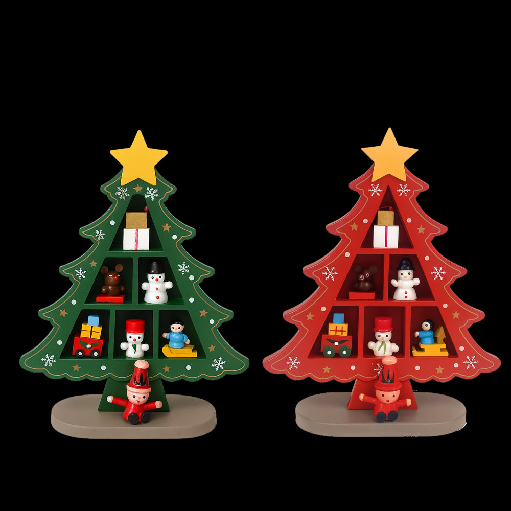 Weihnachtsbäume aus Holz – jeweils mit 7 handbemalten Figuren, rot oder grün