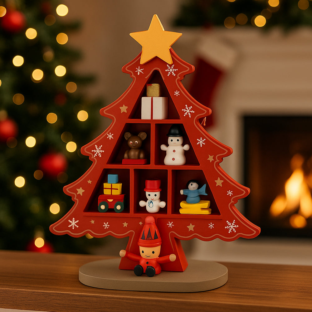 Weihnachtsbäume aus Holz – jeweils mit 7 handbemalten Figuren, rot oder grün