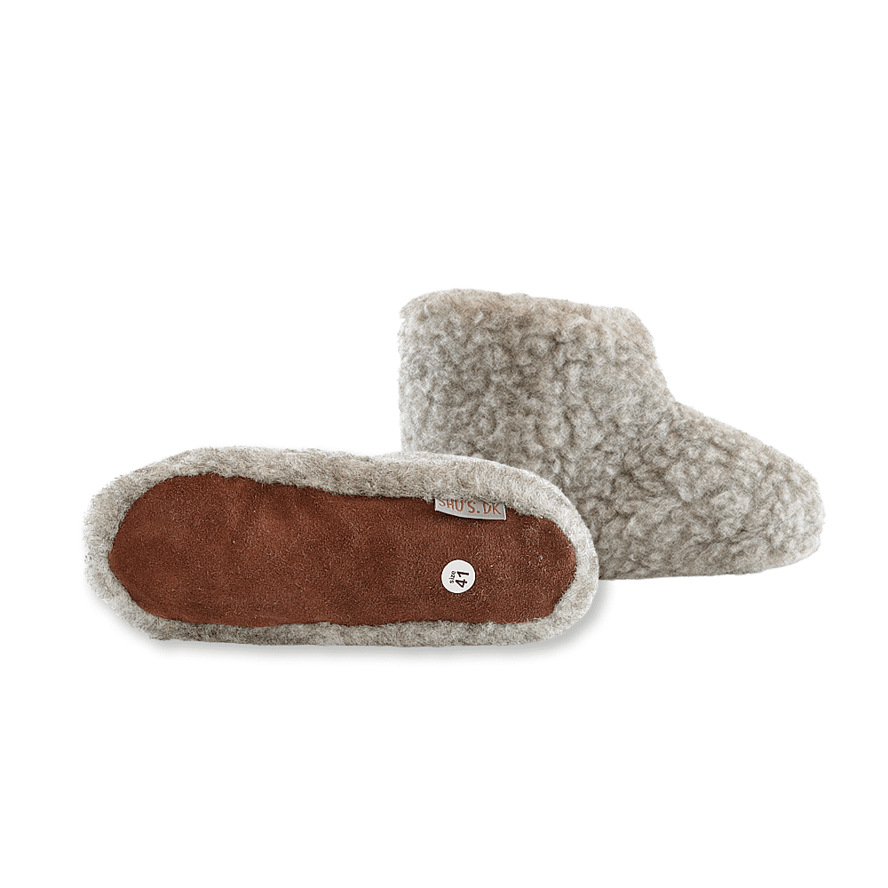 Flauschige Wollstiefel (100% reine Wolle) - Modell Grau mit Sohle aus Leder