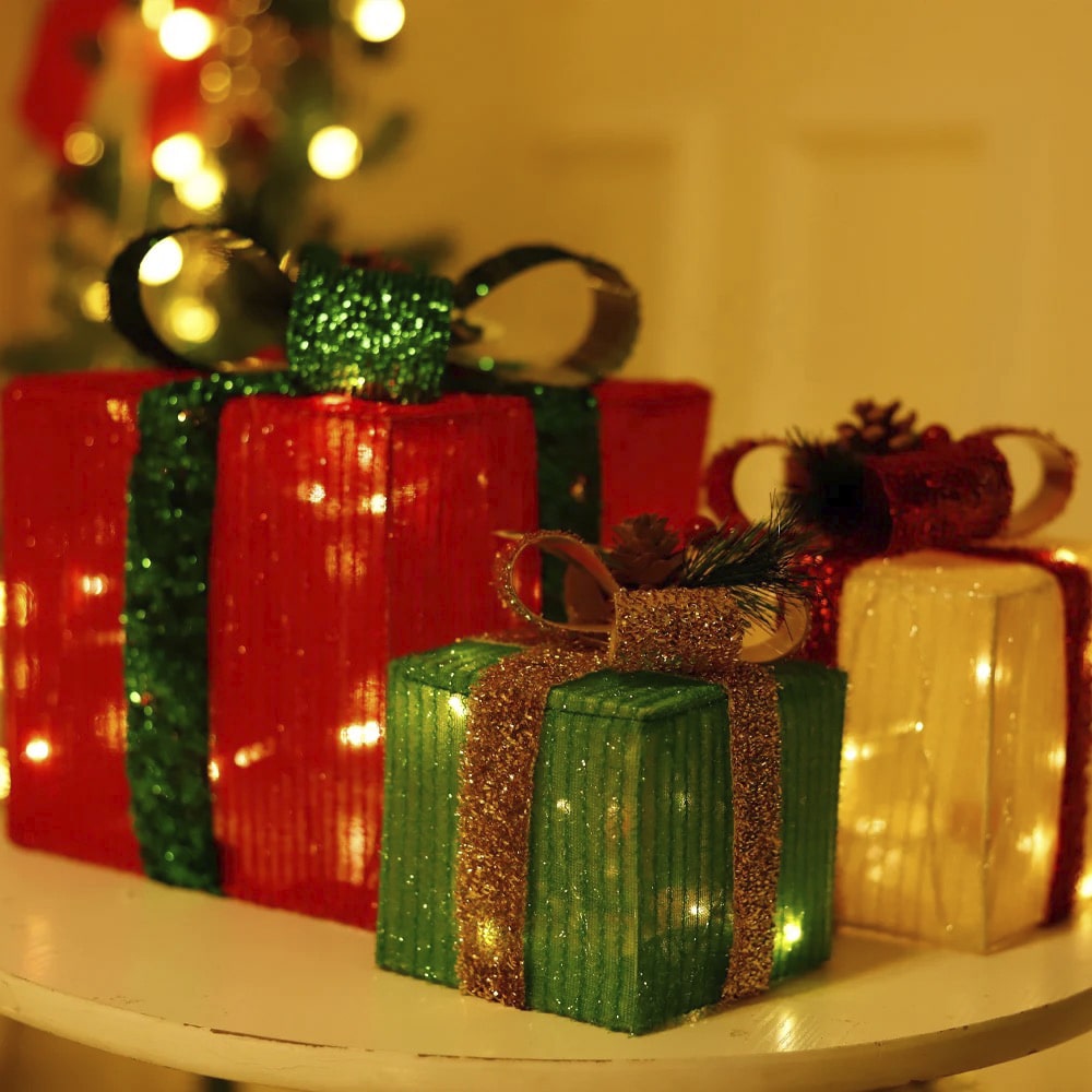 LED-Geschenkbox, bunte Farben - Set mit 3 Stück - rot, grün & gelb