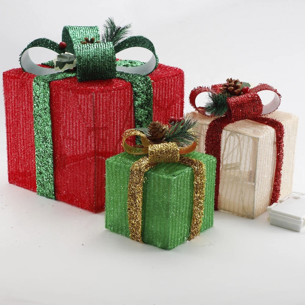 LED-Geschenkbox, bunte Farben - Set mit 3 Stück - rot, grün & gelb