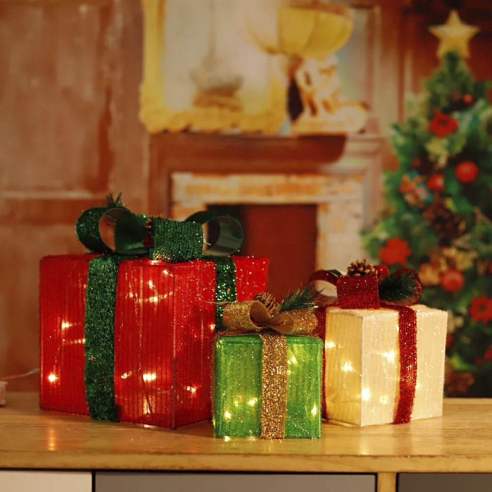 LED-Geschenkbox, bunte Farben - Set mit 3 Stück - rot, grün & gelb