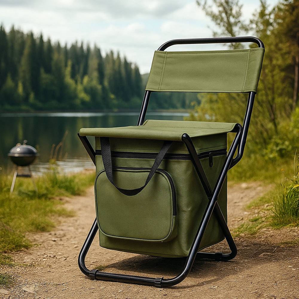 Klappbarer Campingstuhl mit Rückenlehne und Kühltasche – Grün
