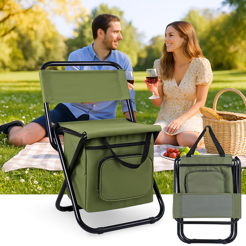 Klappbarer Campingstuhl mit Rückenlehne und Kühltasche – Grün