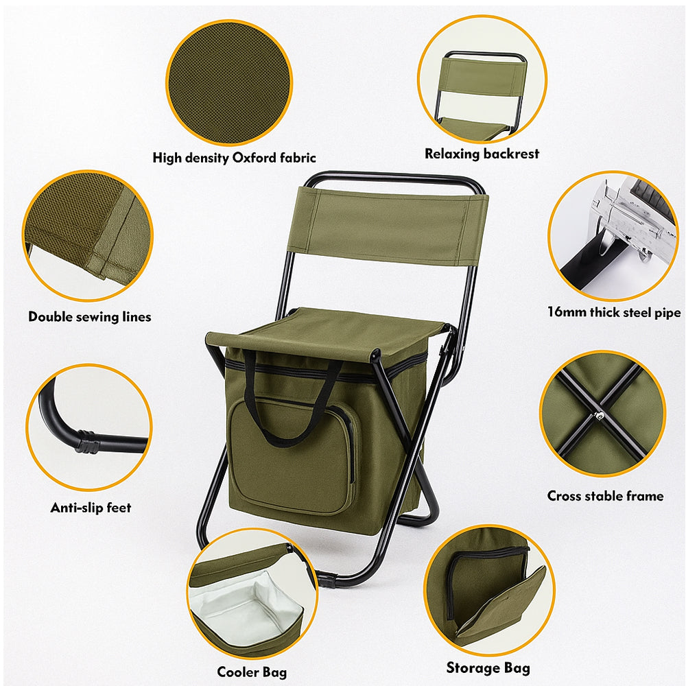 Klappbarer Campingstuhl mit Rückenlehne und Kühltasche – Grün