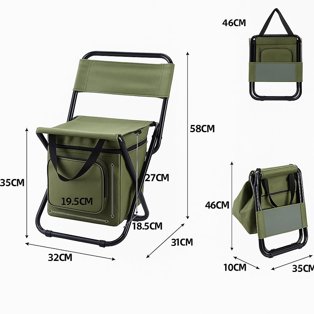 Klappbarer Campingstuhl mit Rückenlehne und Kühltasche – Grün