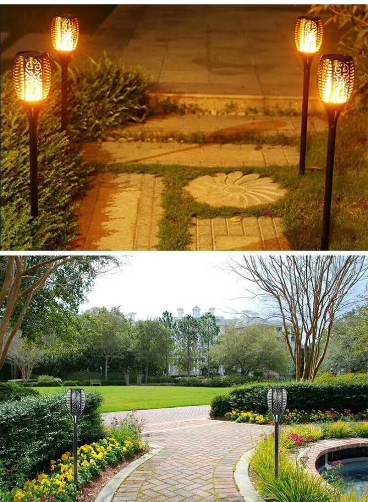 2 Stk. flammende LED-Fackeln auf Spießen mit Solarzellen für den Garten (78 cm.)