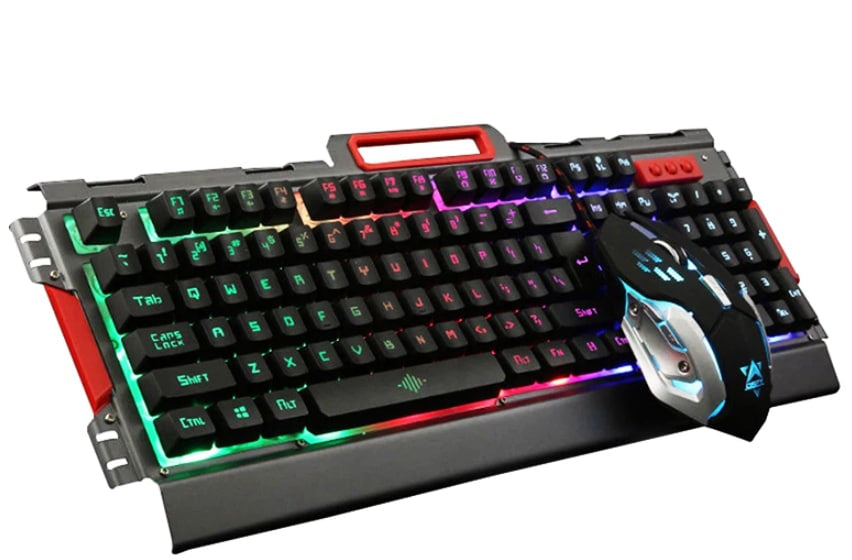 Gaming-LED-Tastatur mit Handyhalterung + LED-Maus (Metalldesign und Spritzwassergeschützt)