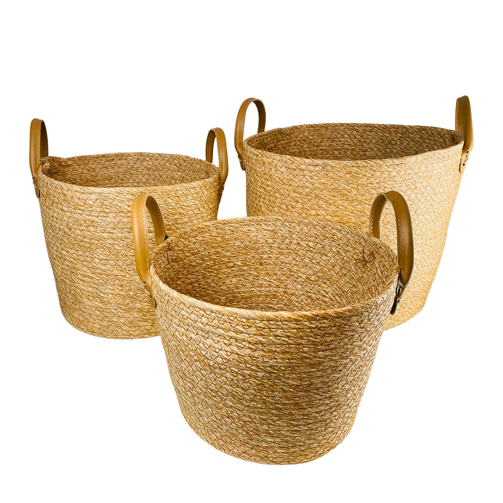 Geflochtene Körbe 3 Stk. aus Seegras mit Kunstledergriffen (Durchmesser 31, 28 und 25 cm)