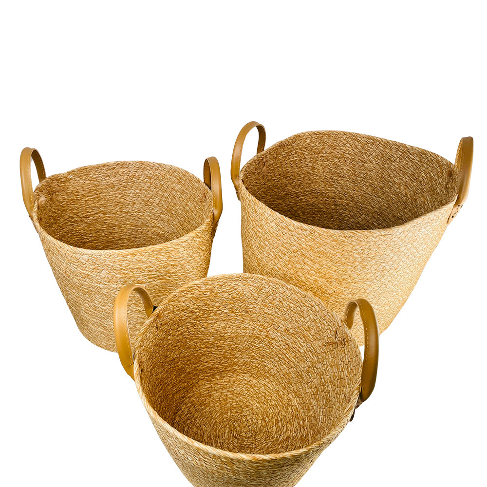 Geflochtene Körbe 3 Stk. aus Seegras mit Kunstledergriffen (Durchmesser 31, 28 und 25 cm)