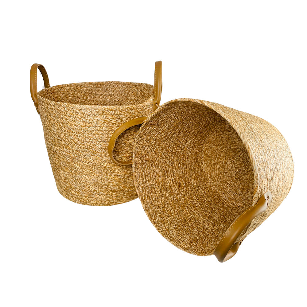 Geflochtene Körbe 3 Stk. aus Seegras mit Kunstledergriffen (Durchmesser 31, 28 und 25 cm)