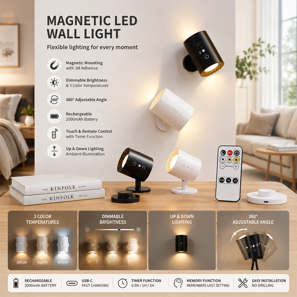 LED-Nachtlampe 360° drehbar, magnetisch, 3 Farbtemperaturen – weiß oder schwarz