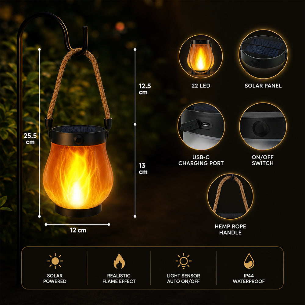 Solar-Laterne Ø12 cm mit Flammeneffekt-Licht und Hanfseil