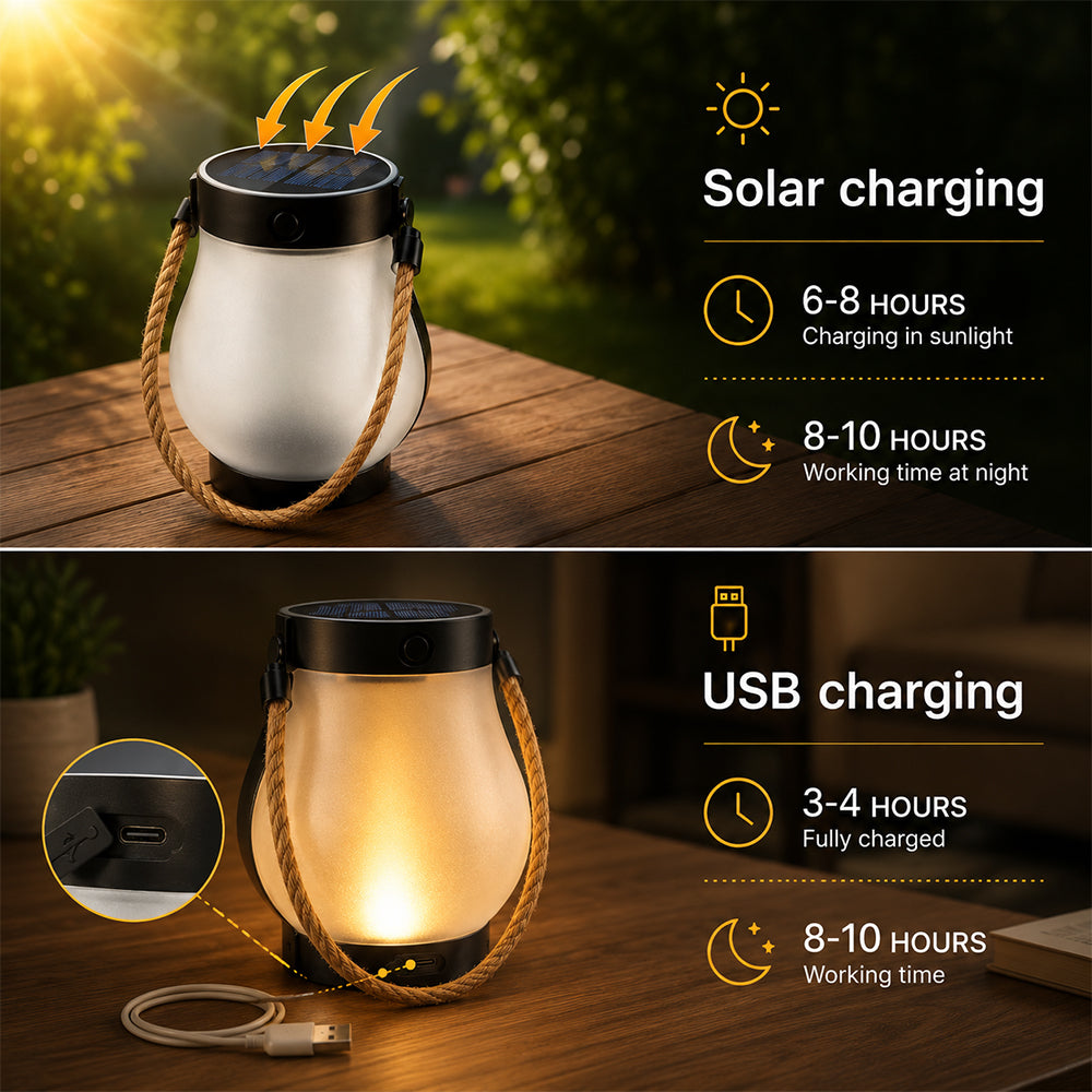 Solar-Laterne Ø12 cm mit Flammeneffekt-Licht und Hanfseil