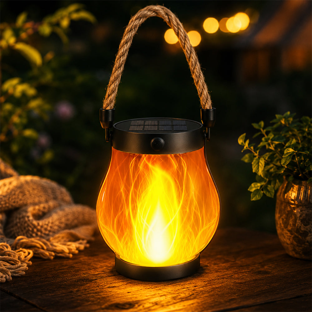Solar-Laterne Ø12 cm mit Flammeneffekt-Licht und Hanfseil