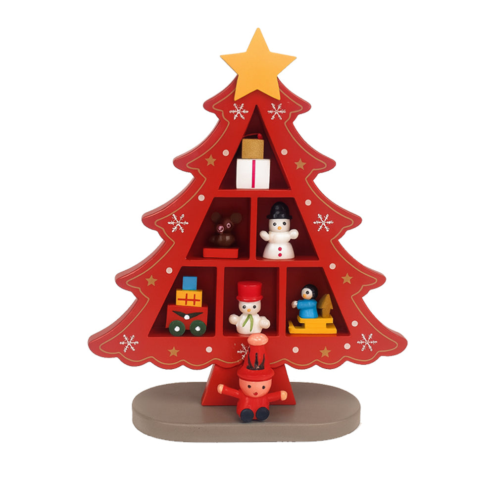 Weihnachtsbäume aus Holz – jeweils mit 7 handbemalten Figuren, rot oder grün