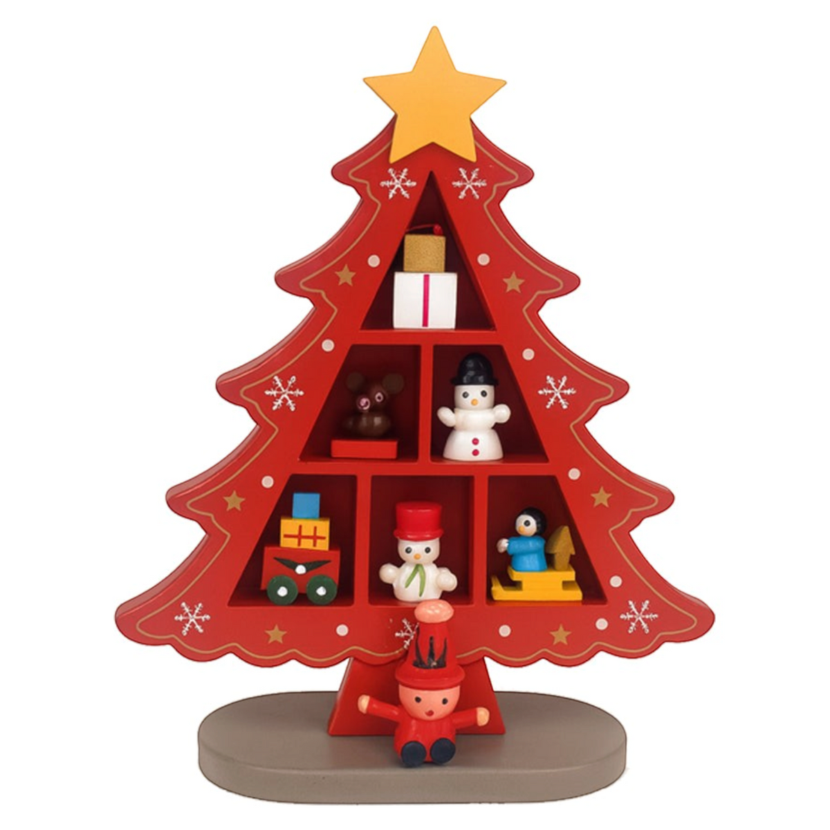 Weihnachtsbäume aus Holz – jeweils mit 7 handbemalten Figuren, rot oder grün