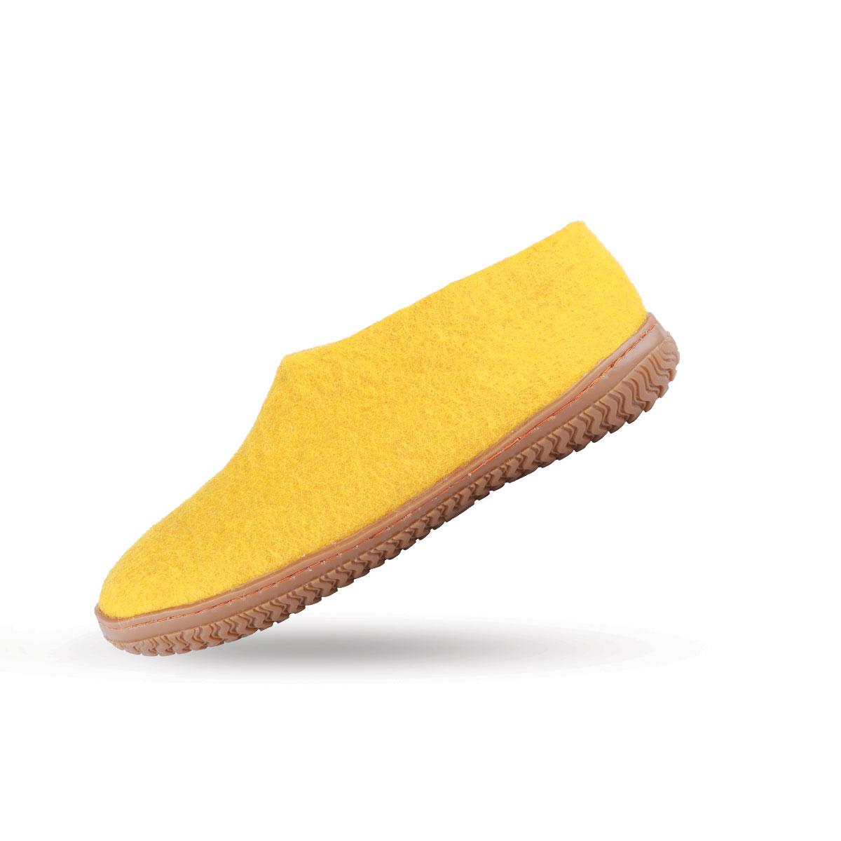 Wollhausschuhe(100% reine Wolle) - Model Curry Gelb mit Gummisohle