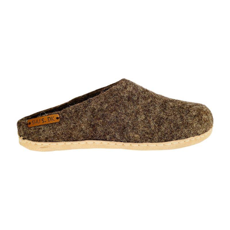 Wollpantoffel (100% reine Wolle) - Modell Braun mit Sohle aus Leder