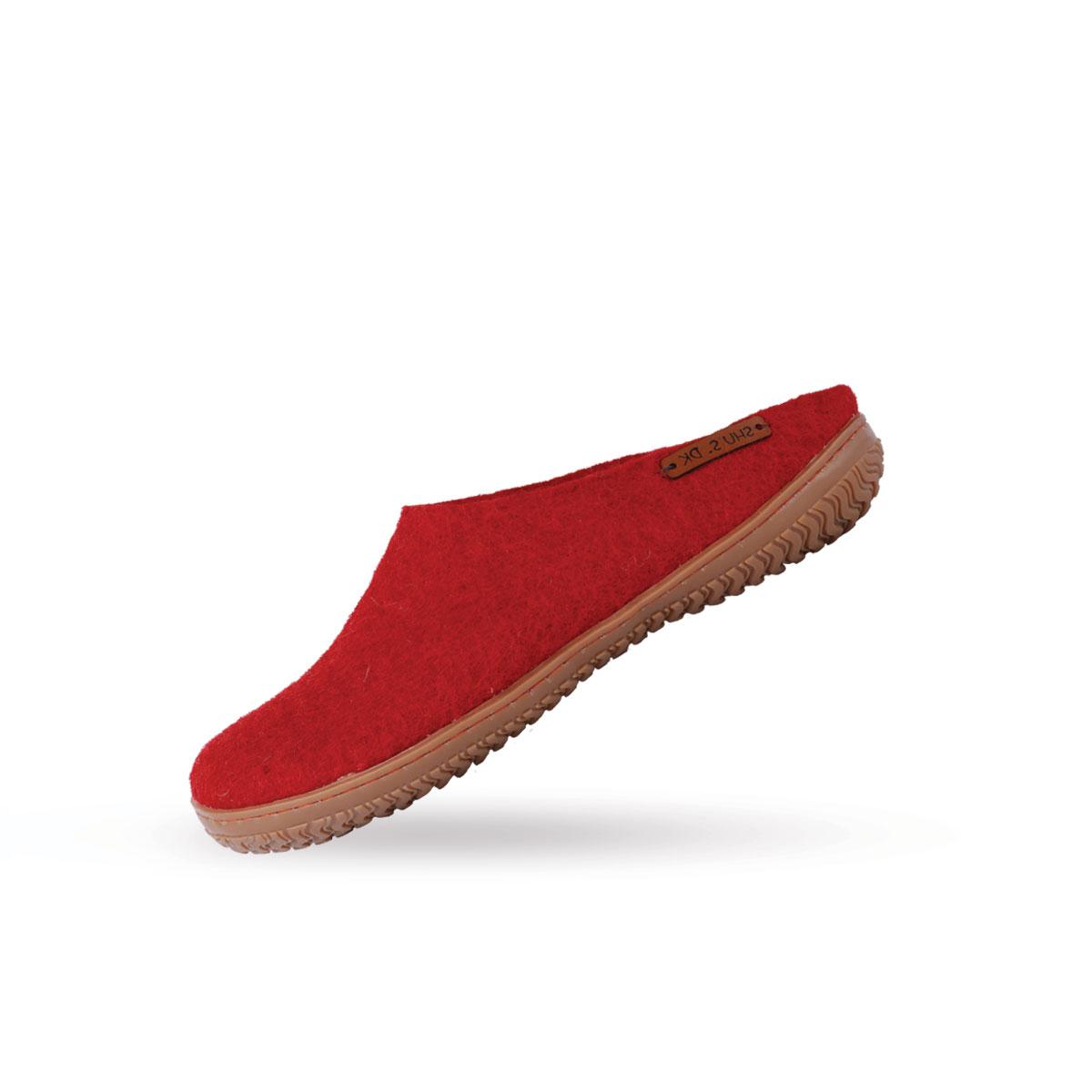 Wollpantoffel (100% reine Wolle) - Modell Rot mit Gummisohle
