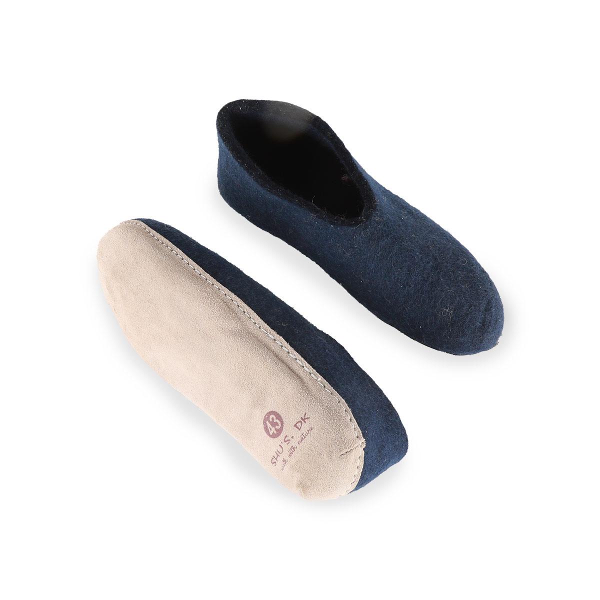 Wollhausschuhe (100% reine Wolle) - Modell Blau mit Sohle aus Leder