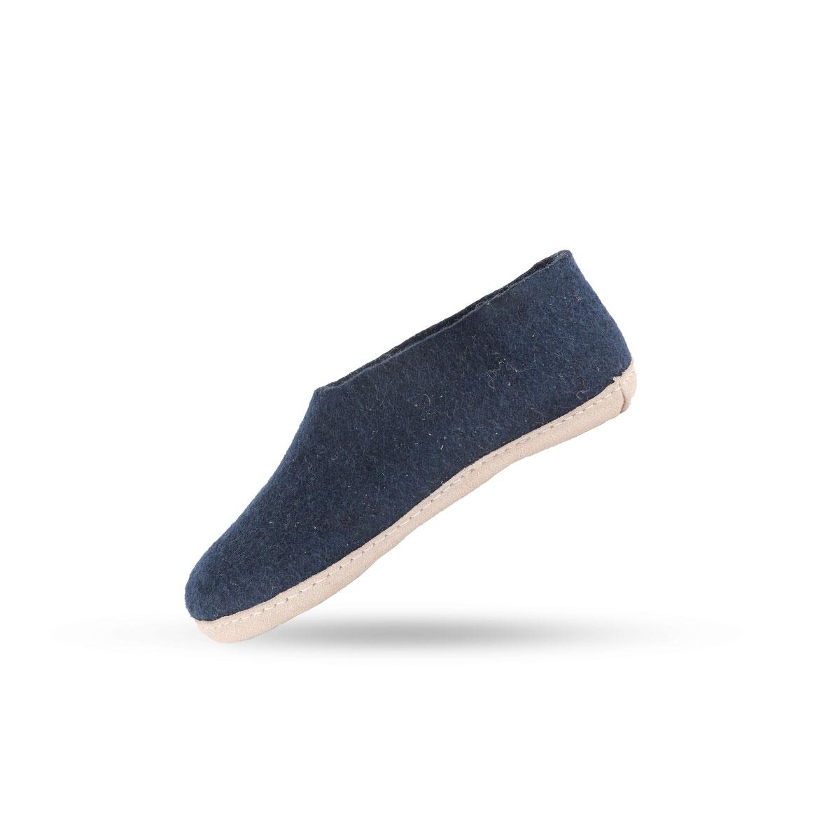 Wollhausschuhe (100% reine Wolle) - Modell Blau mit Sohle aus Leder