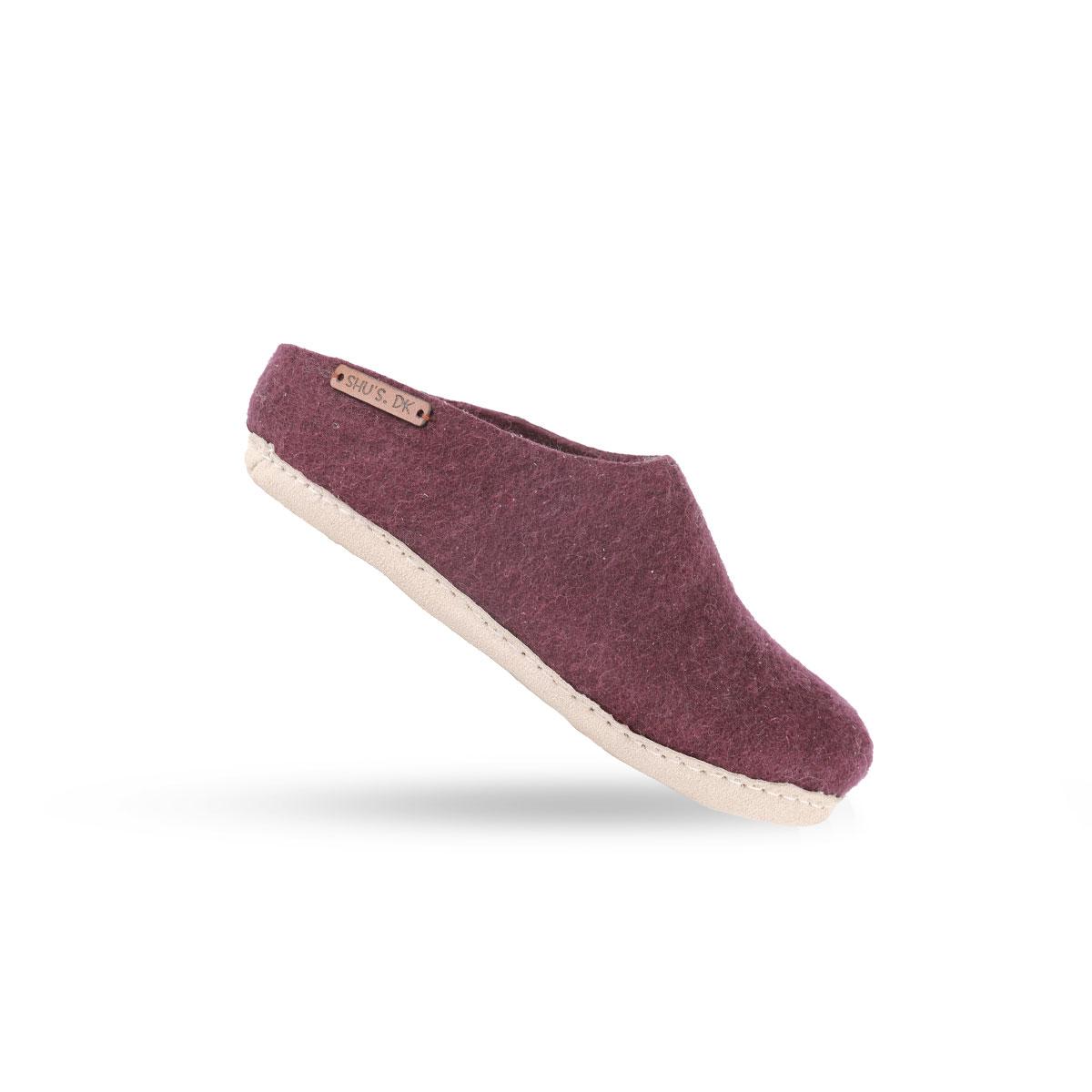 Wollpantoffel (100% reine Wolle) - Modell Lila mit Sohle aus Leder
