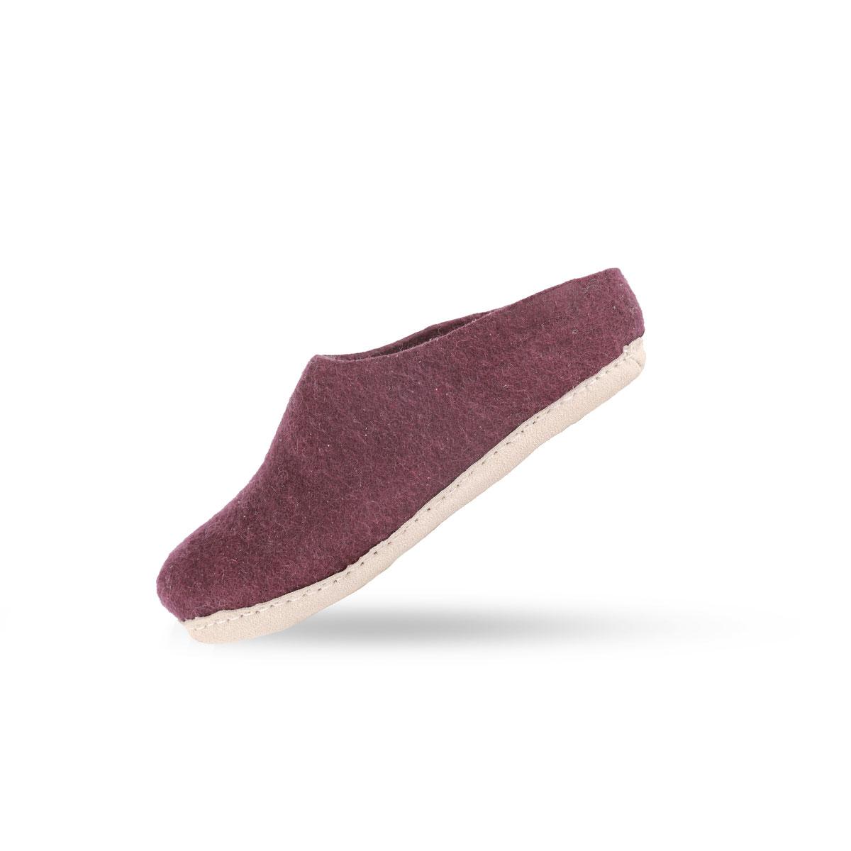 Wollpantoffel (100% reine Wolle) - Modell Lila mit Sohle aus Leder