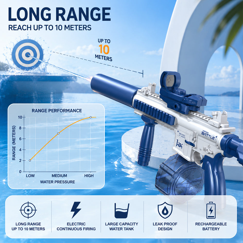 Elektrische Wasserpistole M416 – blaues Modell mit Trommelmagazin und Zielfernrohr