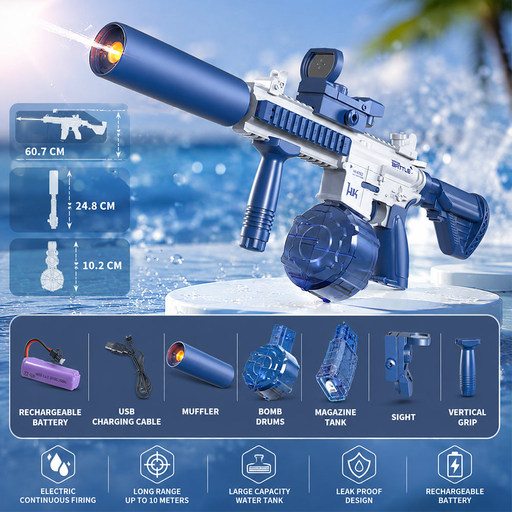 Elektrische Wasserpistole M416 – blaues Modell mit Trommelmagazin und Zielfernrohr