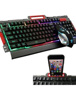Gaming-LED-Tastatur mit Handyhalterung + LED-Maus (Metalldesign und Spritzwassergeschützt)