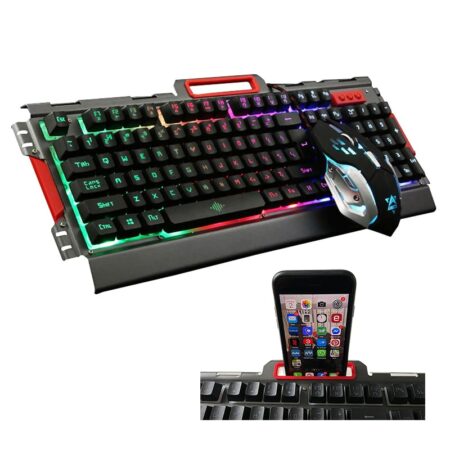 Gaming-LED-Tastatur mit Handyhalterung + LED-Maus (Metalldesign und Spritzwassergeschützt)