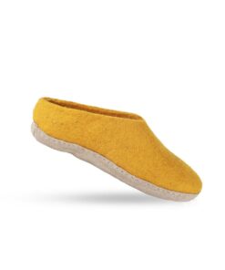 Wollpantoffel (100% reine Wolle) - Modell Curry Gelb mit Sohle aus Leder